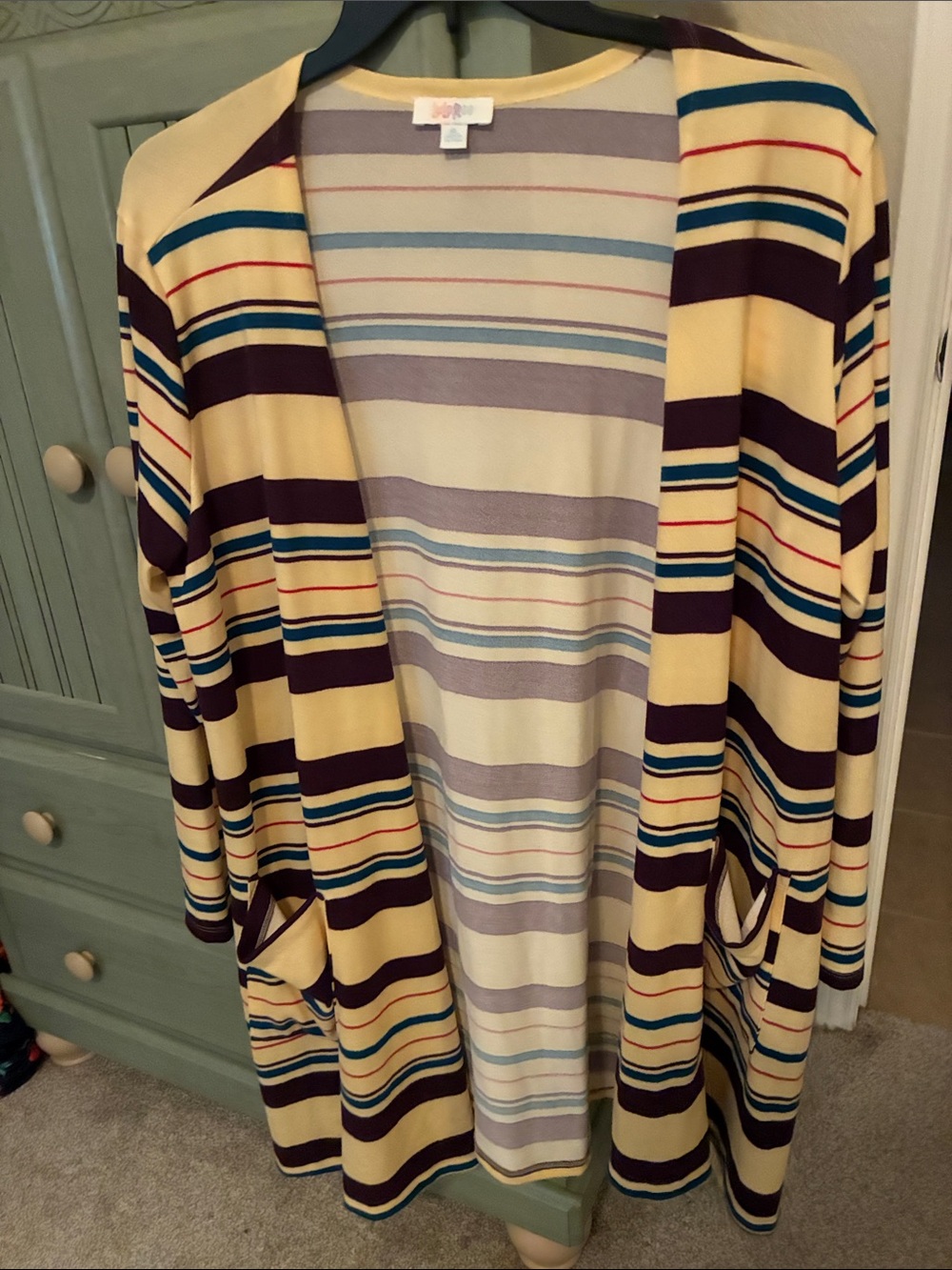 LuLaRoe Striped Open-Front Cardigan in Yellow, Navy & Teal